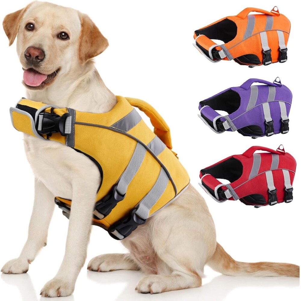Kuoser Dog Life Jacket, High Flotation Reflective Dog Life Vest, Yellow, M